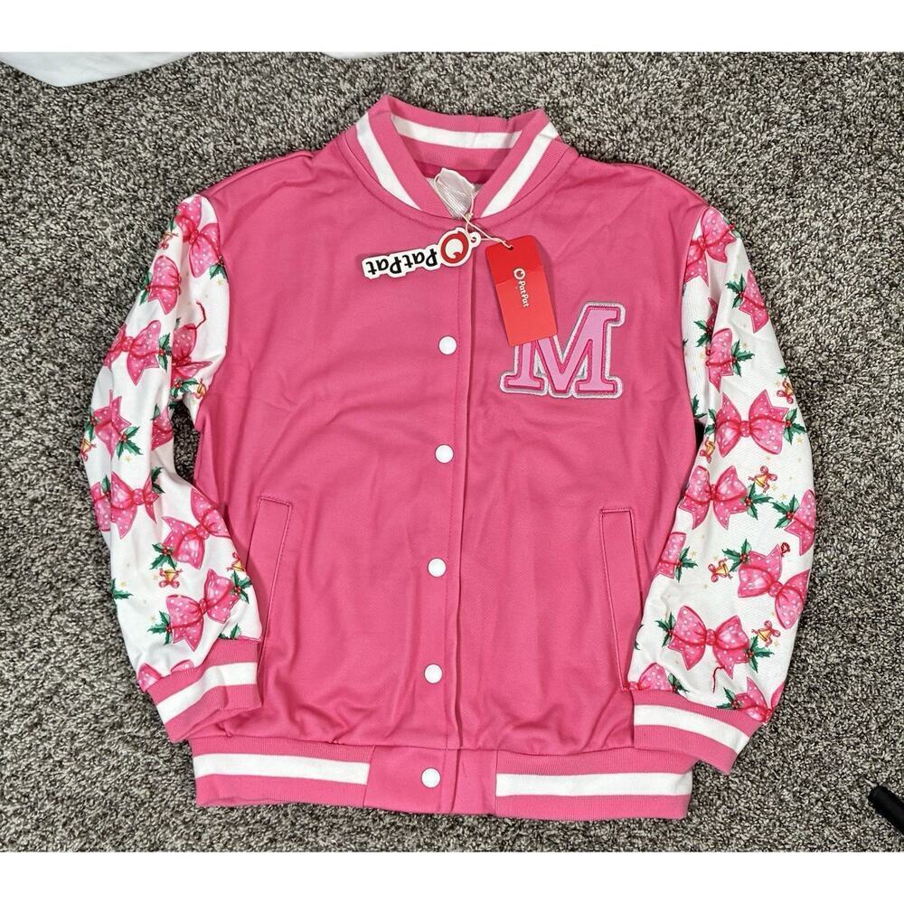 💰Patpat Girls Snap Closure Varsity Jacket Pink White With Bows Size 6-7 Cute